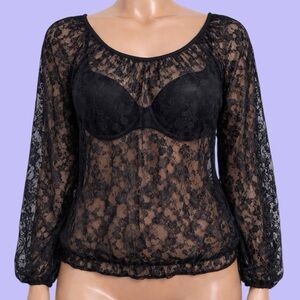 1990s Sheer Black Rose Lace Goth Bell Sleeve Top